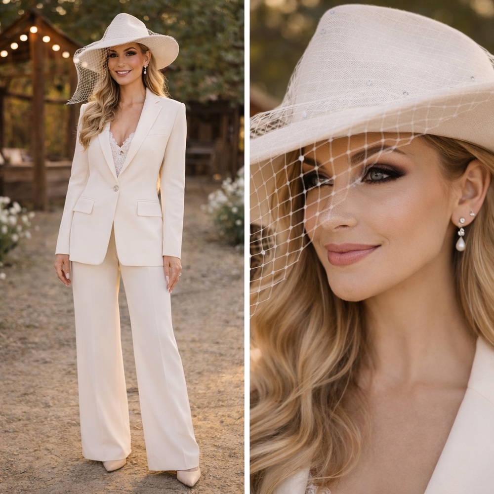 San Diego Hat Company Ivory Fedora Cowboy Hat w/ Veil Rhinestones Boho Bridal